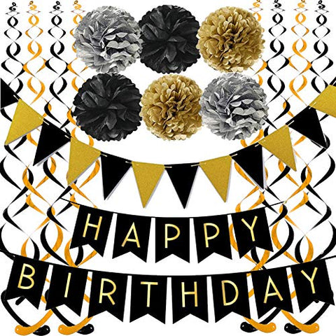 Black Happy Birthday Banner with Black Gold Paper Flag Bunting for Birthday Party Decorations - Hibrides