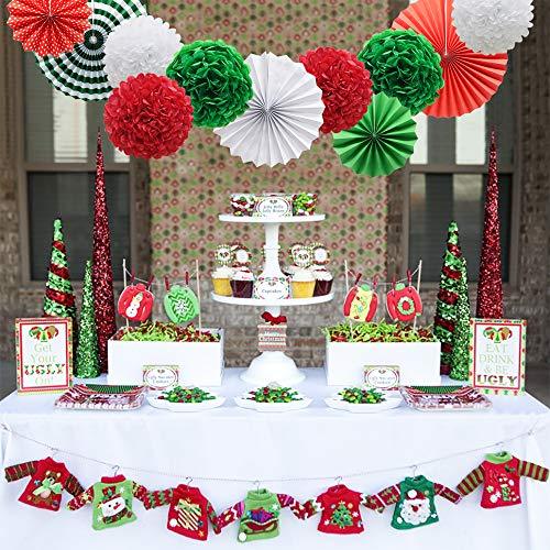 14pcs Red White Green Hanging Paper Pom Poms and Fans Set for Christmas Birthday Wedding - Hibrides