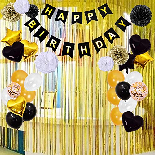 Black and Gold Birthday Decorations for Men with Balloons and Banners - Hibrides