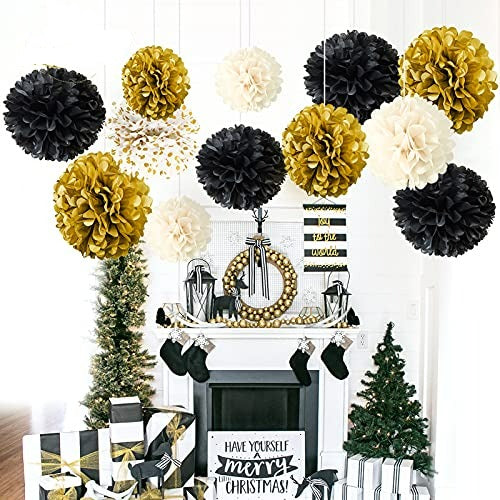 12 PCS Black Gold White Tissue Paper Pom Poms for Wedding Birthday Bridal Shower Decorations - Hibrides