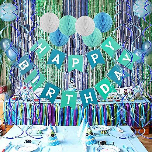 Blue Happy Birthday Banner Honeycomb balls Swirls Streamers for Birthday Decorations - Hibrides