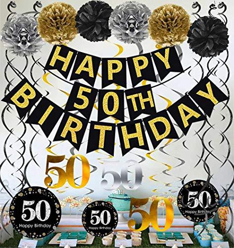 Black & Gold Glittery Happy 50th Birthday Banner - Hibrides