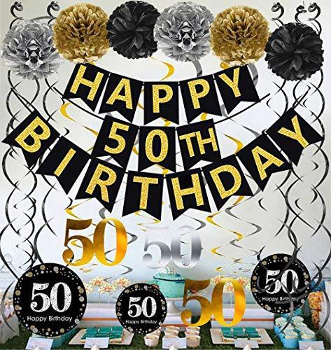 Black & Gold Glittery Happy 50th Birthday Banner - Hibrides