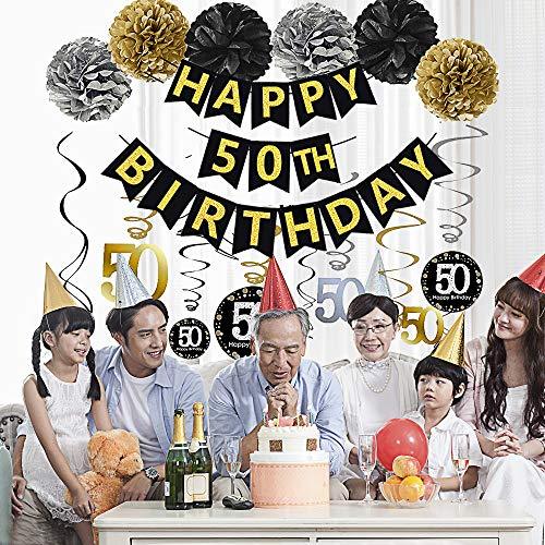 Black & Gold Glittery Happy 50th Birthday Banner - Hibrides