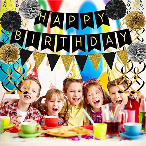 Black Happy Birthday Banner with Black Gold Paper Flag Bunting for Birthday Party Decorations - Hibrides