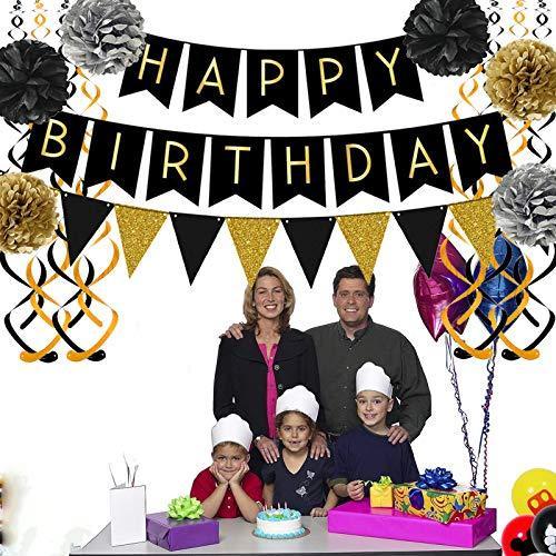 Black Happy Birthday Banner with Black Gold Paper Flag Bunting for Birthday Party Decorations - Hibrides