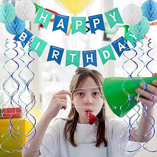 Blue Happy Birthday Banner Honeycomb balls Swirls Streamers for Birthday Decorations - Hibrides