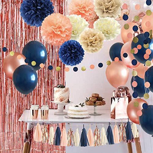 32 Pack Navy Blue Rose Gold Party Decoration Kit, Tassel and Garland for Bridal Shower, Gender Reveal Decorations - Hibrides