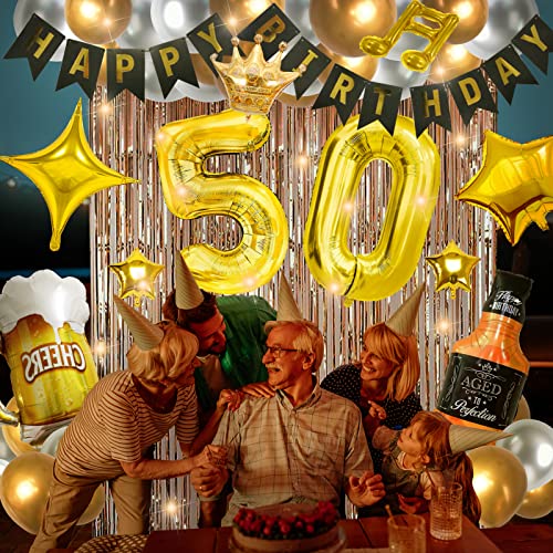 GoGoGoodie Birthday Decorations for Adult, 50th Birthday Party Supplies Set With String Light Include Gold Backdrop 40 Inches Number Balloons etc Perfect for Men and Women - Hibrides