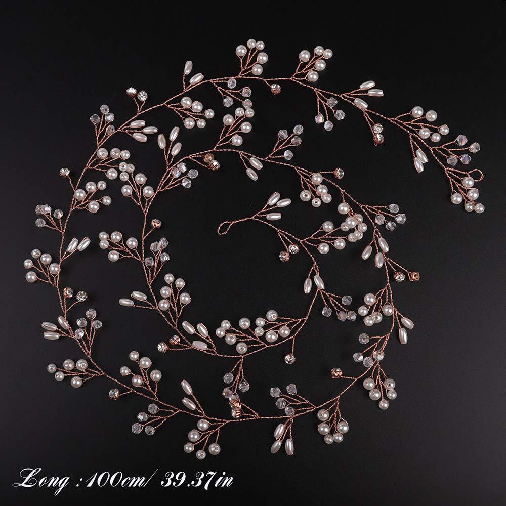 Bridal Rose Gold and Gold Silver Extra Long Pearl and Crystal Beads Bridal Hair Vine Wedding Head Piece Bridal Hair Accessories - Hibrides