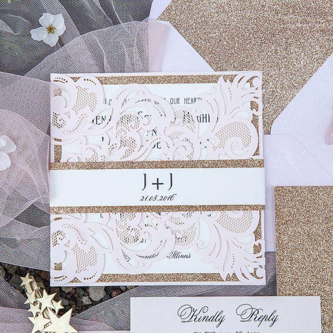 Elegant blush laser wedding invitation with rose gold glitter belly band LCZ001 - Hibrides