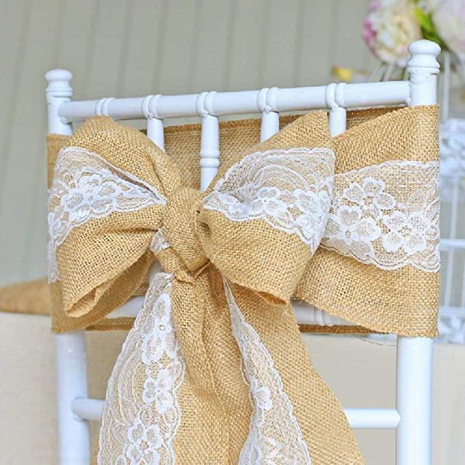 5Pcs Burlap Lace Chair Sashes Chair Cover Bows Rustic Linen Lace Chair Bows - Hibrides