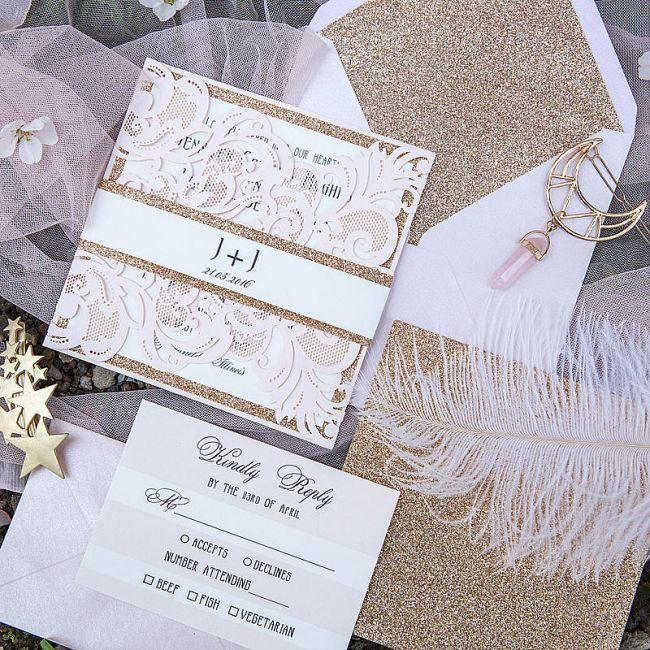 Elegant blush laser wedding invitation with rose gold glitter belly band LCZ001 - Hibrides