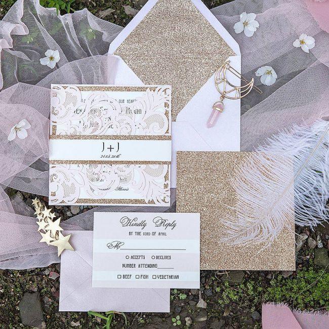 Elegant blush laser wedding invitation with rose gold glitter belly band LCZ001 - Hibrides