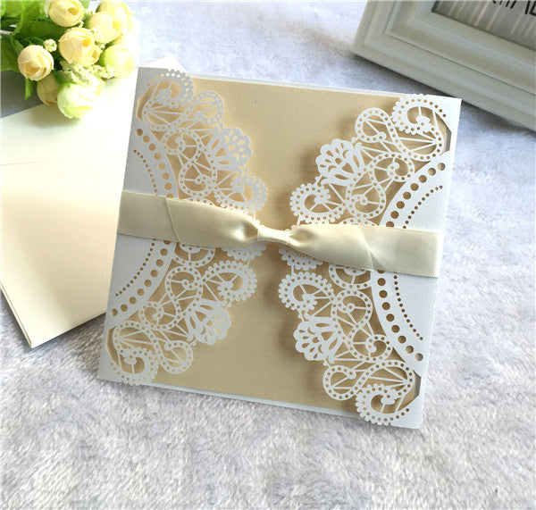 Affordable ivory folded laser cut Wedding Invitation LC060 - Hibrides