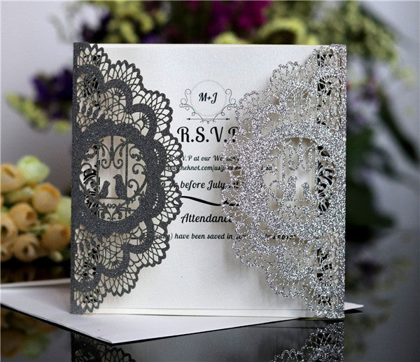 Affordable Glitter laser cut Wedding Invitation LC063 - Hibrides