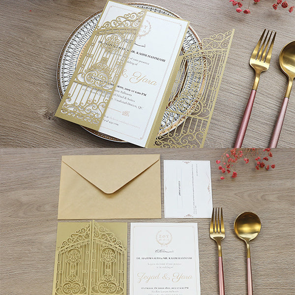 Affordable Gold Tri-folded Laser Cut Wedding Invitations lcz023 - Hibrides
