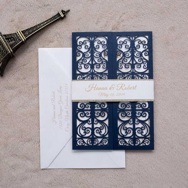 Affordable Navy Shimmer Wedding Invitations with Silver Backer and Belly Band Lcz089 - Hibrides