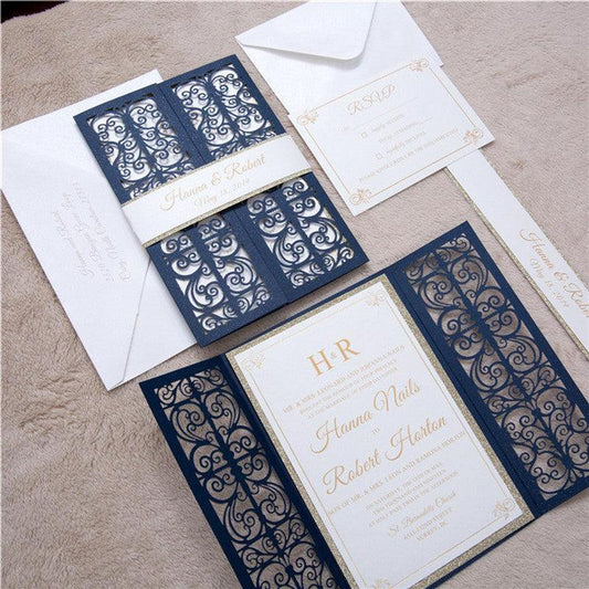Affordable Navy Shimmer Wedding Invitations with Silver Backer and Belly Band Lcz089 - Hibrides