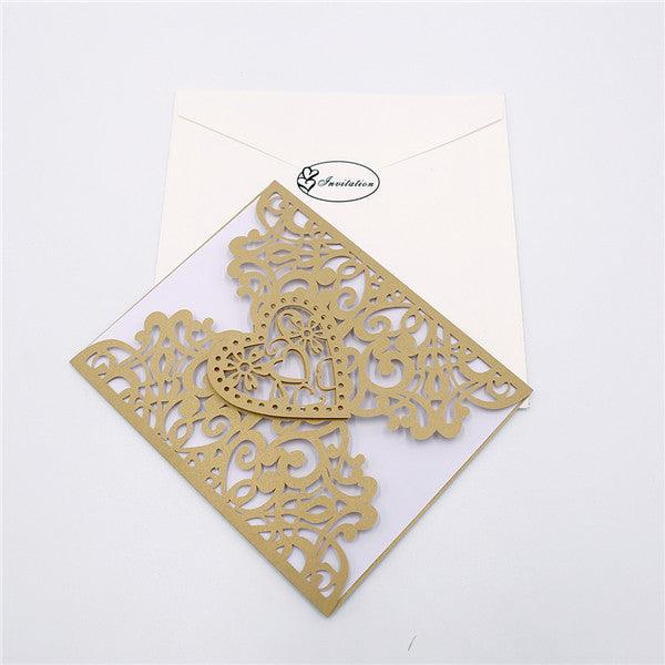 Affordable gold laser cut heart-shaped Wedding Invitation LC037 - Hibrides