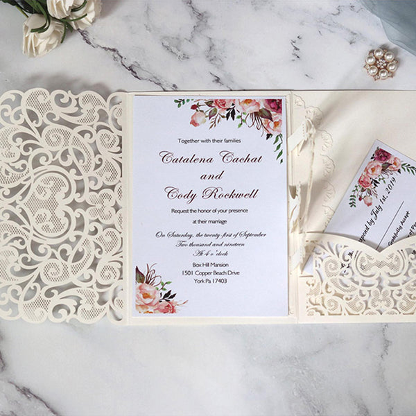 Ivory Pop up Laser Cut Wedding Invitations with Wedding Arch and Pocket Lcz046 - Hibrides