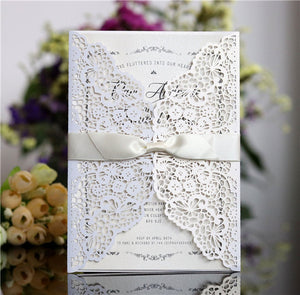 Beautiful laser cut Wedding Invitation with satin ribbons LC064 - Hibrides