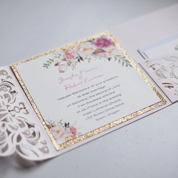 Blush Laser cut Pocketfold Invitation with Floral Design Lace and Glitter LCZ015 - Hibrides