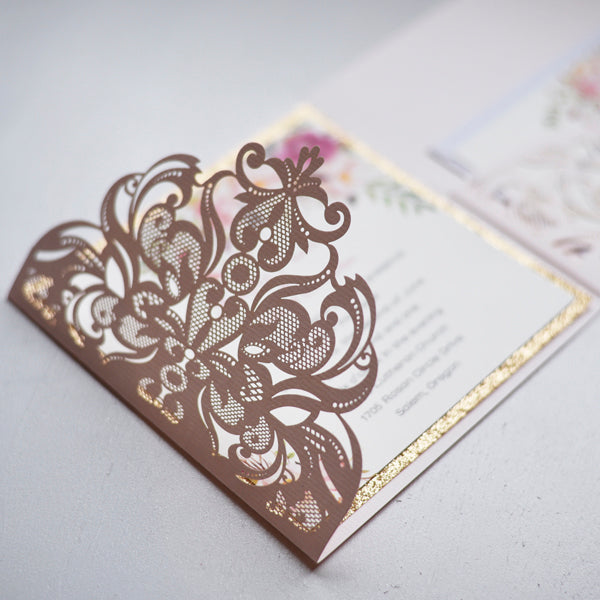 Blush Laser cut Pocketfold Invitation with Floral Design Lace and Glitter LCZ015 - Hibrides
