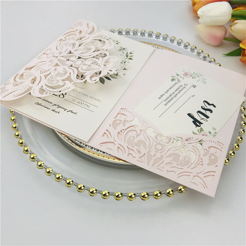 Blush Pink Pocket Laser Cut Wedding Invitations with Gold Glittery Belly Band Lcz076 - Hibrides