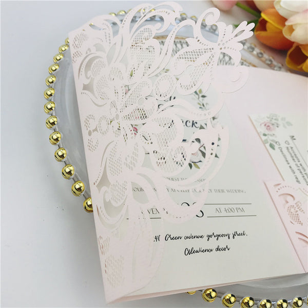 Blush Pink Pocket Laser Cut Wedding Invitations with Gold Glittery Belly Band Lcz076 - Hibrides