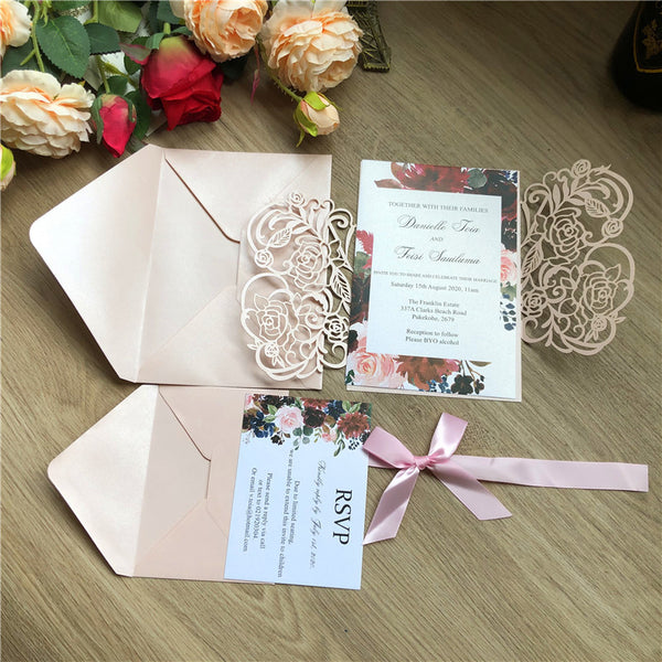 Blush Pink Shimmer Laser Cut Wedding Invitations with Bow Tie Lcz058 - Hibrides