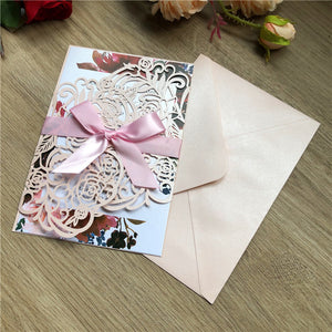 Blush Pink Shimmer Laser Cut Wedding Invitations with Bow Tie Lcz058 - Hibrides