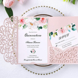 Blush Pink Tri-Fold Laser Cut Wedding Invitation Pocket with Envelopes for Wedding LCP001 - Hibrides