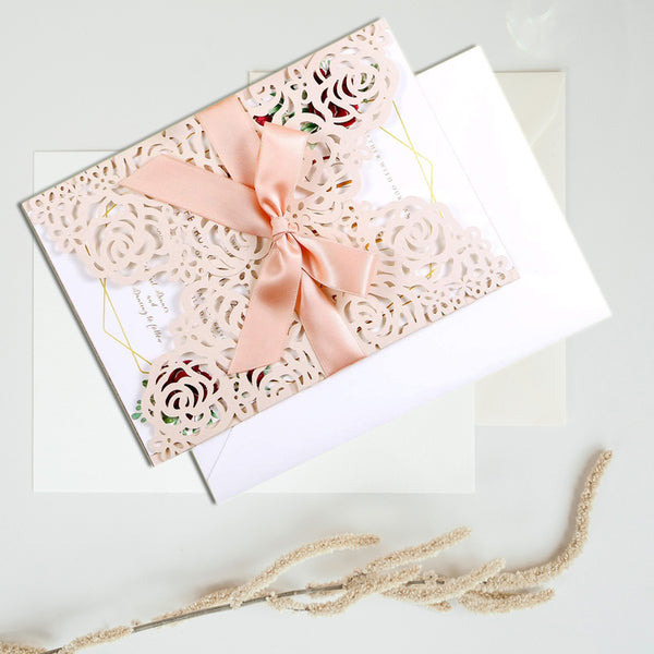 Blush Pink Wedding Invitation Cards Laser Cut Hollow Rose With Ribbons LCP002 - Hibrides