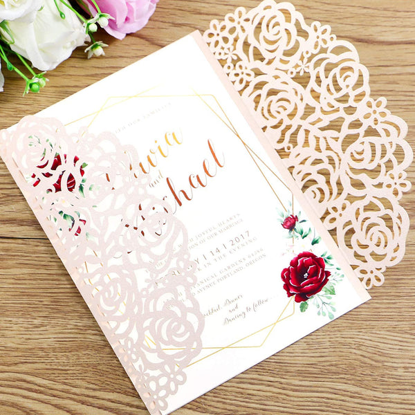 Blush Pink Wedding Invitation Cards Laser Cut Hollow Rose With Ribbons LCP002 - Hibrides
