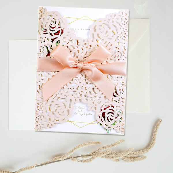 Blush Pink Wedding Invitation Cards Laser Cut Hollow Rose With Ribbons LCP002 - Hibrides