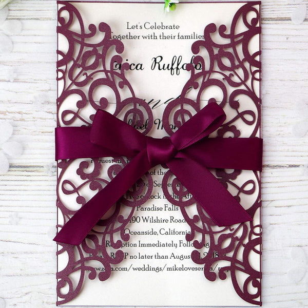 Burgundy Detailed Floral Design Laser Cut Wedding Invitation Cards with Envelopes LCP003 - Hibrides