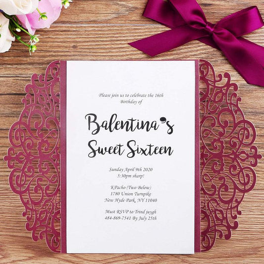 Burgundy Detailed Floral Design Laser Cut Wedding Invitation Cards with Envelopes LCP003 - Hibrides