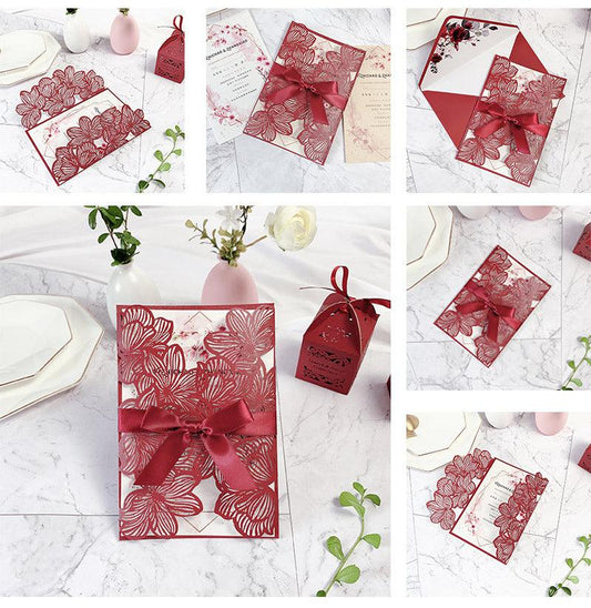 Burgundy Floral Laser Cut Wedding Invitations with Ribbon lcz022 - Hibrides