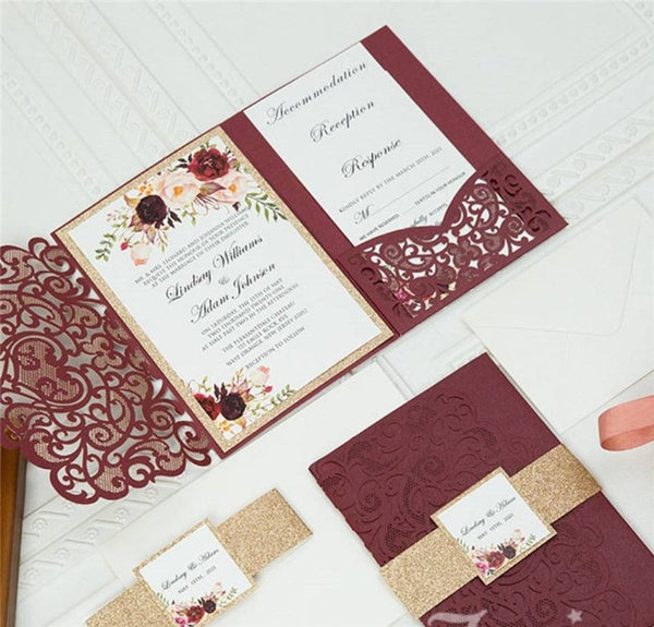 Burgundy Pocket Laser Cut Wedding Invitations with Gold Belly Band and Info Tag Lcz052 - Hibrides