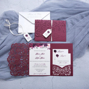 Burgundy Pocket Laser Cut Wedding Invitations with Gold Belly Band and Info Tag Lcz052 - Hibrides