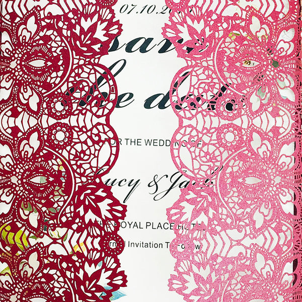 Burgundy Rinbbon Laser Cut Wedding Invitations with Floral Details Lcz034 - Hibrides