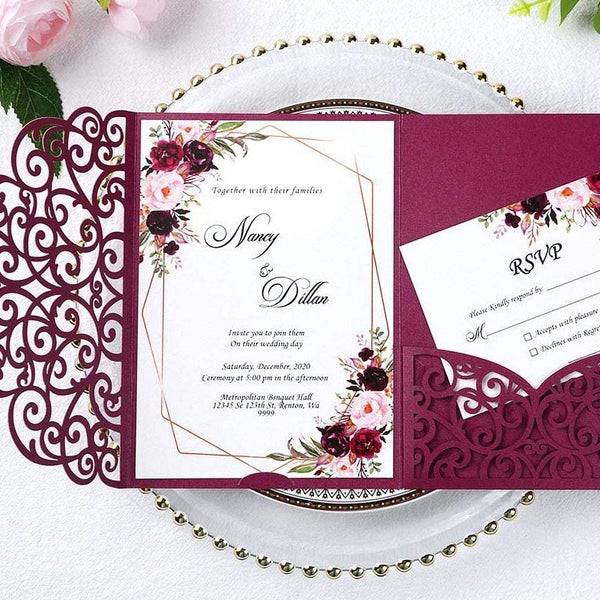 Burgundy Tri-Fold Laser Cut Wedding Invitation Pocket with Envelopes LCP004 - Hibrides