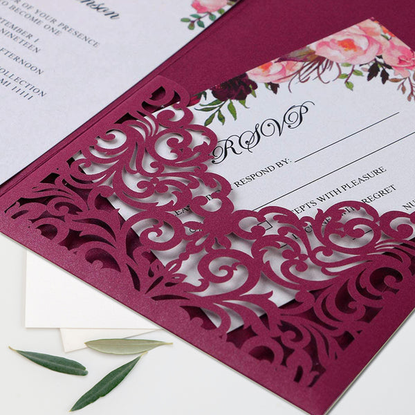 Burgundy Wedding Invitation Cards with Envelopes Ribbons for Wedding Bridal Shower Birthday Graduation Invite LCP005 - Hibrides