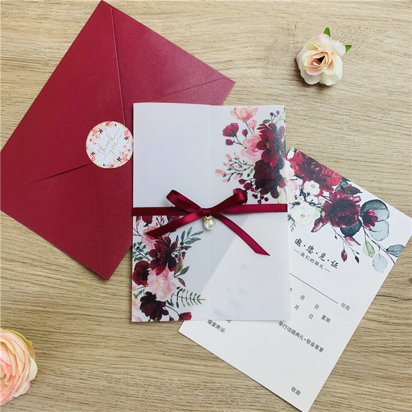 Burgundy and Pink Floral UV Printed Wedding Invitations on Vellum Paper with Ribbon Pearl Lcz069 - Hibrides