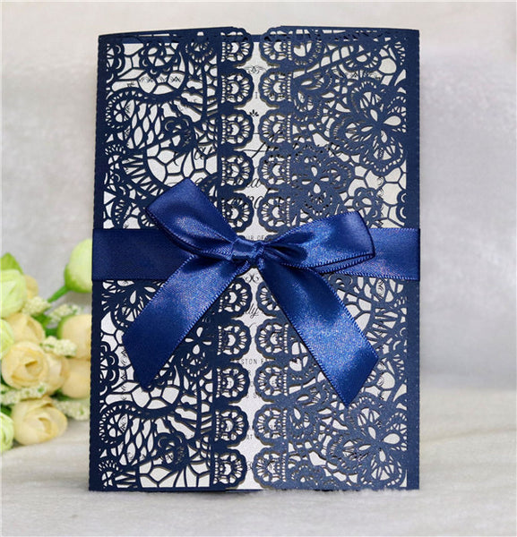 Charming elegant navy blue laser cut Wedding Invitation with bow ribbons LC054 - Hibrides