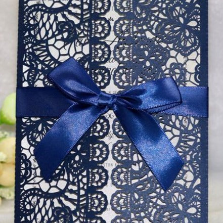 Charming elegant navy blue laser cut Wedding Invitation with bow ribbons LC054 - Hibrides