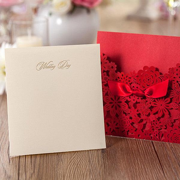 Charming red and white laser cut Wedding Invitation with bow ribbons L –  Hibrides