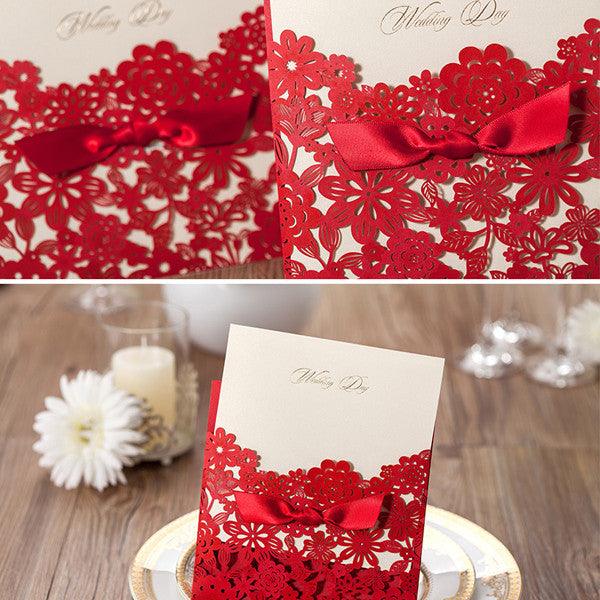 Charming red and white laser cut Wedding Invitation with bow ribbons LC025 - Hibrides