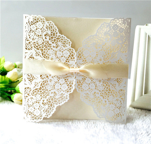 modern white laser cut Wedding Invitation with gold inner cards LC057 - Hibrides